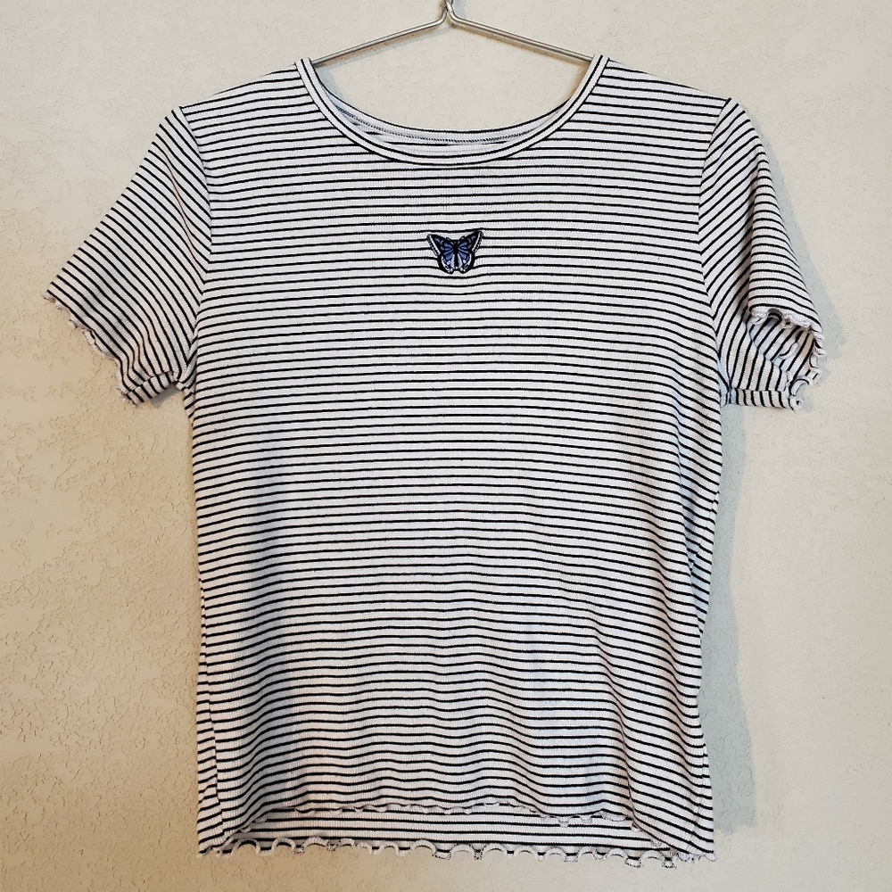 Hollister Butterfly Embroidered Lettuce Hem Striped Tee (M)